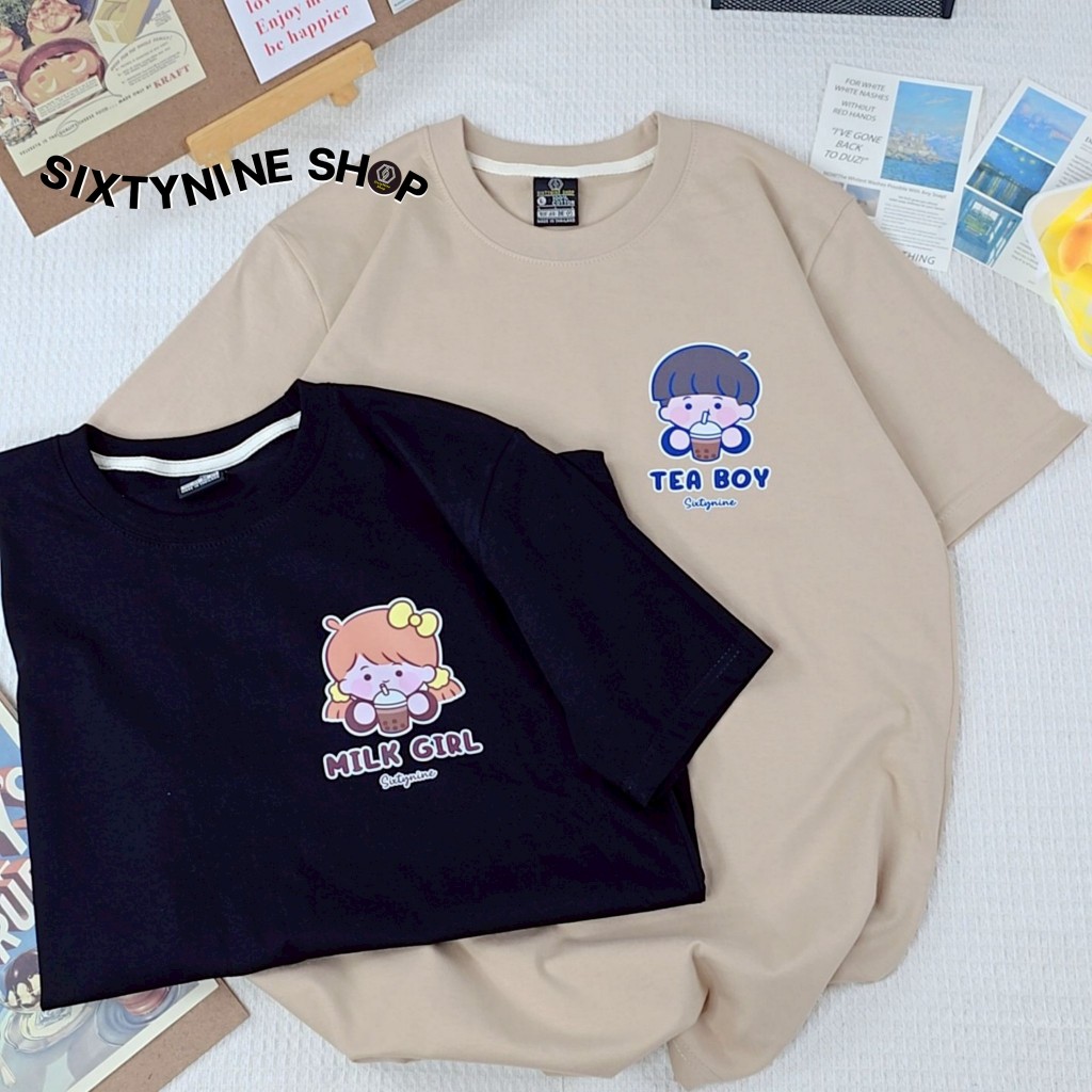 เสื้อยืดผ้าคอตตอน เสื้อคู่รัก Unisex M-4XL พิมพ์ลาย " Tea Boy & Milk girl " พร้อมส่ง