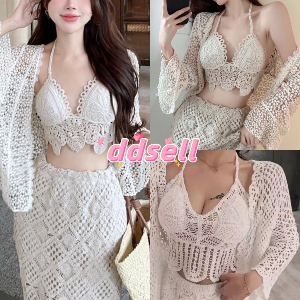 พร้อมส่ง👙เสื้อบราถักไหมพรม สายเดี่ยวไหมพรม บราไหมพรม น่ารักใส่ไปทะเล มีฟองน้ำ