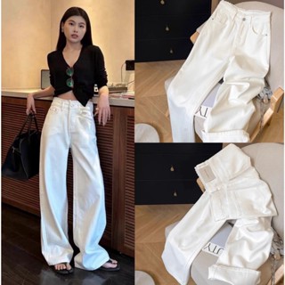 Swan shop กางเกงยีนส์สีขาวขายาวทรงกระบอก  แถบเอวลูกไม้  คุณภ…