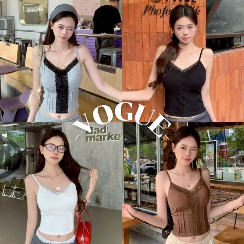 Vogue🌟พร้อมส่ง🌟 เสื้อสายเดี่ยว มีฟองน้ำ สีพื้นแต่งลูกไม้ (FY10104)