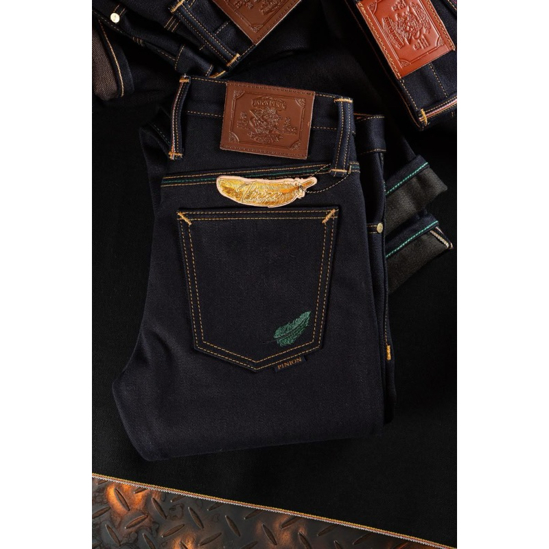 Pinion Denim 24oz BY Okayama Denim รุ่นอสูร   INDIGO  X DARK GREEN ( JAPAN RED  SELVEDGE)Limited Edi
