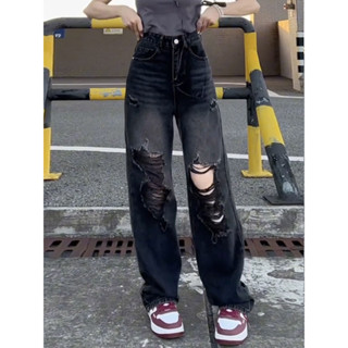 GHAOHES  กางเกงยีนส์ขาดเอวสูงสีดำ รุ่นฤดูร้อน ทรงกระบอกตรงหล…