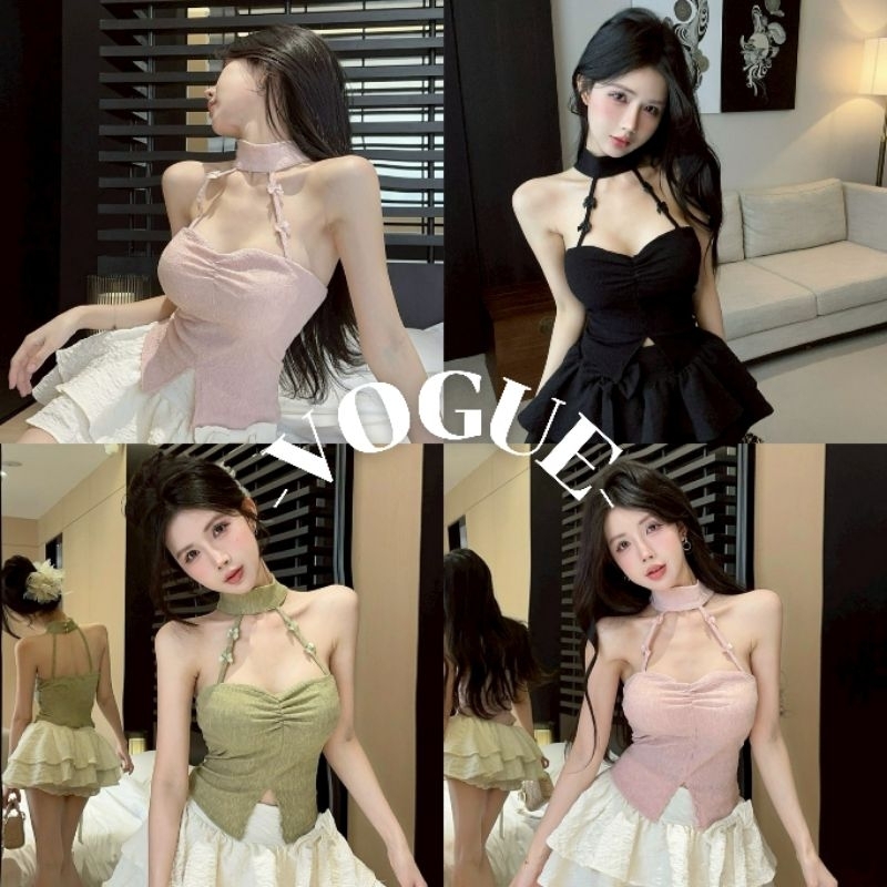 Vogue🌟พร้อมส่ง🌟 เสื้อคล้องคอ สายเดี่ยว สีสามสี ยืดพอดีใส่ง่ายเรียบๆ (FYL291)