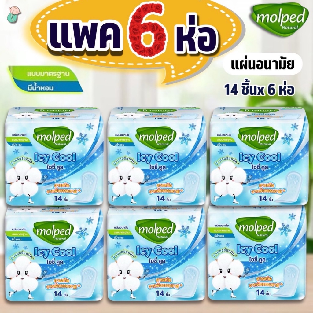 (แพค 6 ห่อ) โมลเพด แผ่นอนามัยสูตรเย็น ไอซี่คูล สารสกัดธรรมชาติ (แบบบาง&มาตรฐาน) Molped Icy cool  6ห่อ /ห่อละ 14-16 ชิ้น