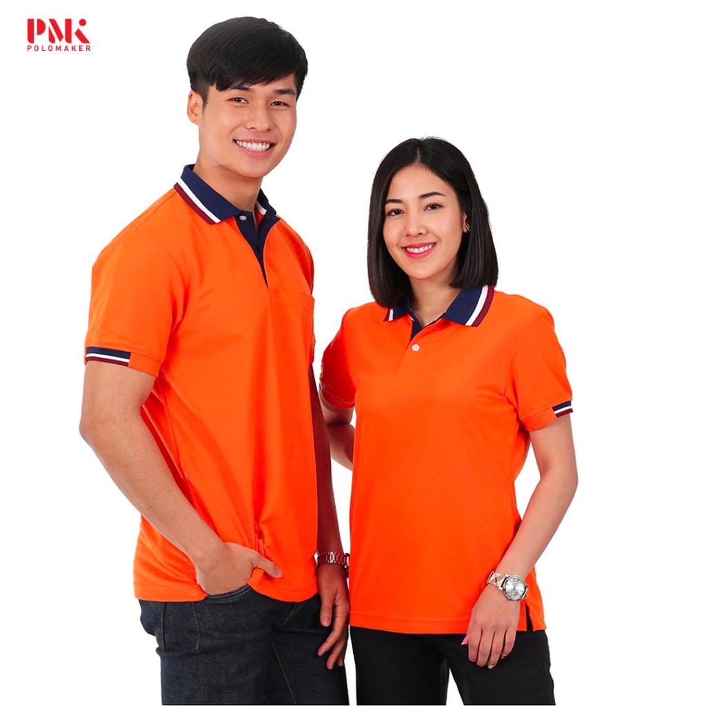 PMK - Kaneko PK097 ส้ม - เสื้อโปโล ปกน้ำเงินขลิบแดง ไม่ยับ อยู่ทรง