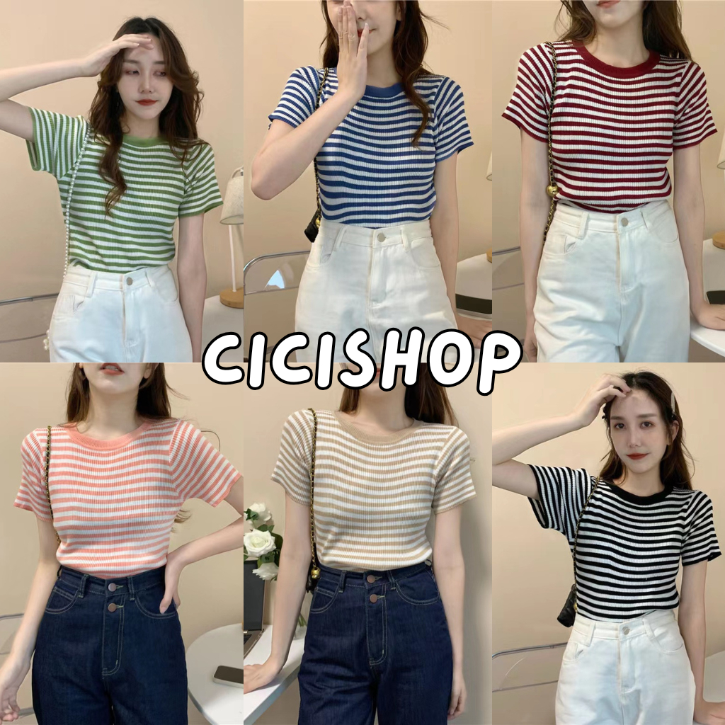 Cicishop (3488) เสื้อไหมพรมแขนสั้น ลายทางเล็ก คอกลม ดูดีทรงสวยเรียบร้อยสไตล์เกาหลี