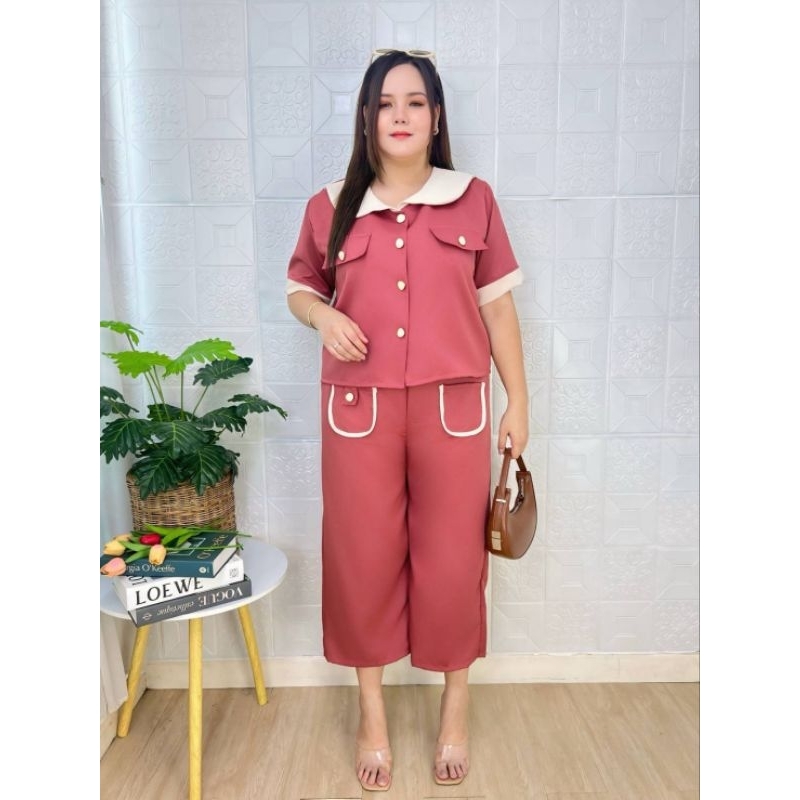 Miss M.A.Closet ชุดเซตสาวอวบอ้วน,สาวพลัสไซส์ 2 ชิ้น เสื้อแฟชั่นคอปกบัว + กางเกง7ส่วน ผู้หญิงLady Clothing Women