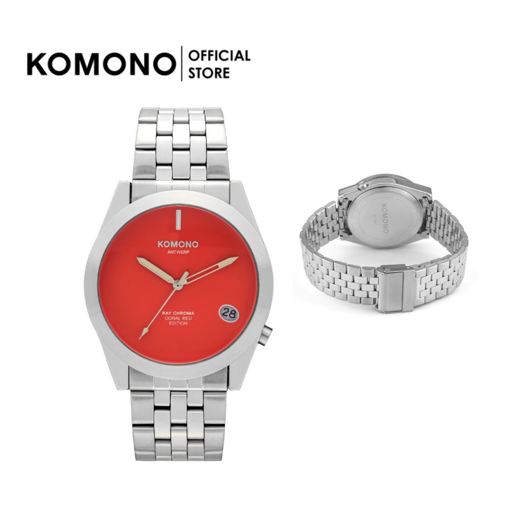 KOMONO Watch Ray Chroma Estate Silver Coral นาฬิกาผู้ชาย บอกวันที่ สายโลหะ หน้าปัดสีแดง