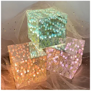 ทิวลิปไฟกลางคืน DIY แฮนด์เมดรูบิคลูกบาศก์กระจกดอกไม้ทะเลบรรยากาศแสงกลางคืนสําหรับสาว ๆ ของขวัญวันเกิด