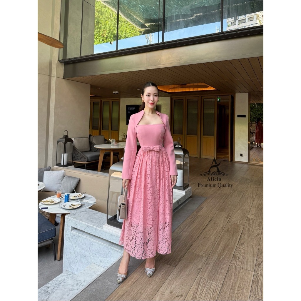 ABIGAIL BRAND ABG218 ชุดเดรสแขนยาวตัดต่อกระโปรงทรงบาน