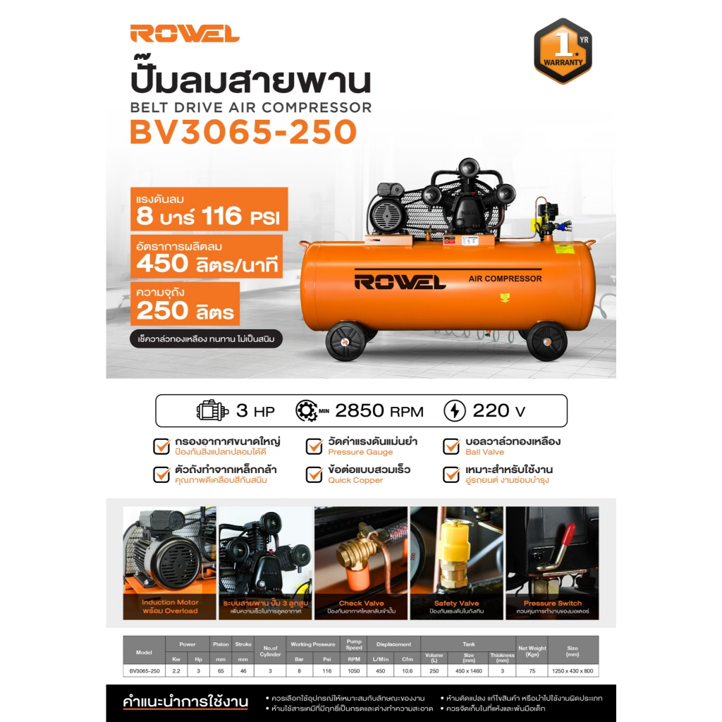 ROWEL ปั๊มลมสายพาน รุ่น BV3065-250 กำลัง 3HP ขนาด 250 ลิตร แรงดัน 8 บาร์ ปั๊มลม เครื่องปั๊มลม เติมลม