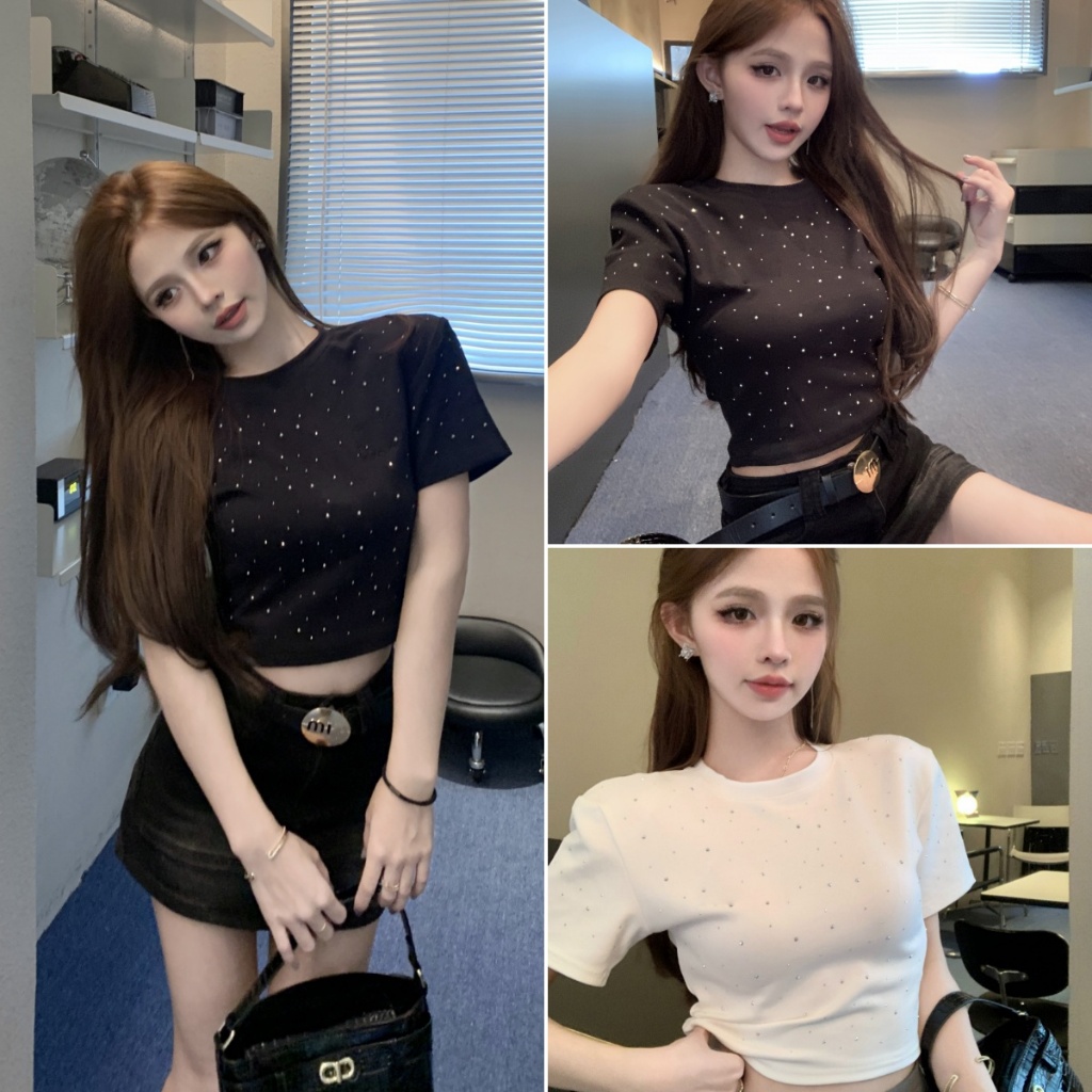 cherryshop🍒พร้อมส่ง เสื้อยืดแฟชั่นผู้หญิง เสื้อยืดเข้ารูป เพชรร้อน ดีไซน์คอกลม เข้ารูปใส่แล้วดูผอม