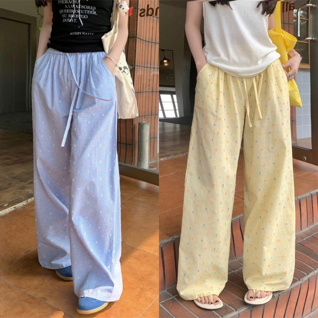 กางเกงลายจุดสีสันสดใส ขาตรง กางเกงขายาว มีเชือกผูก ผ้าเนื้อนุ่ม
