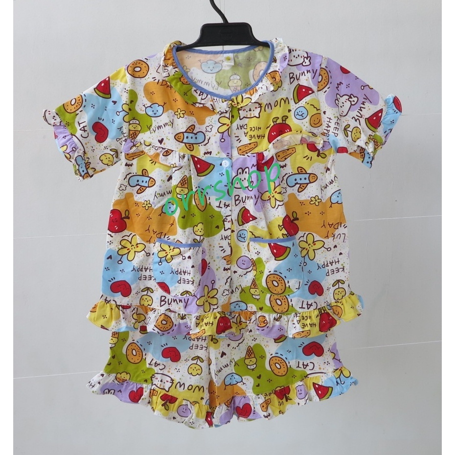 ชุดนอนเด็กหญิง ไซส์ 2-3 แขนสั้น ขาสั้น ผ้ายืด แบบคอระบาย
