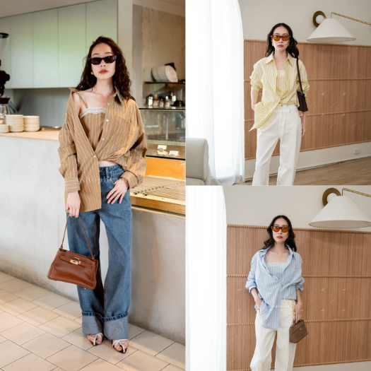 พร้อมส่ง เสื้อเชิ้ตลายริ้วแต่งครอปสายเดี่ยวขอบลูกไม้ด้านใน งานป้ายvshopbrand