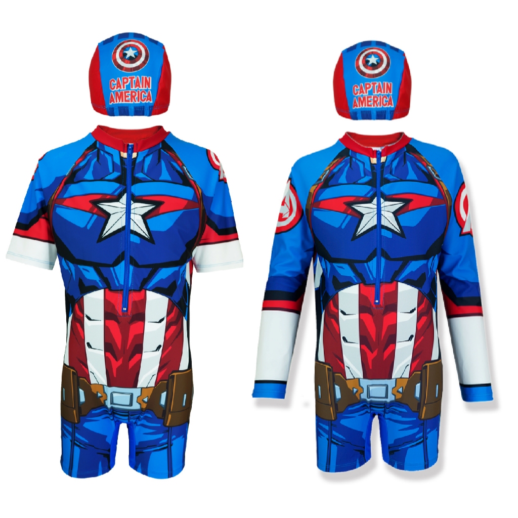 Marvel ชุดว่ายน้ำเด็ก swimwear ลาย กัปตันอเมริกา Captain America ลิขสิทธิ์แท้ ผ้าคุณภาพดี เด็กโต แถมถุง และหมวก