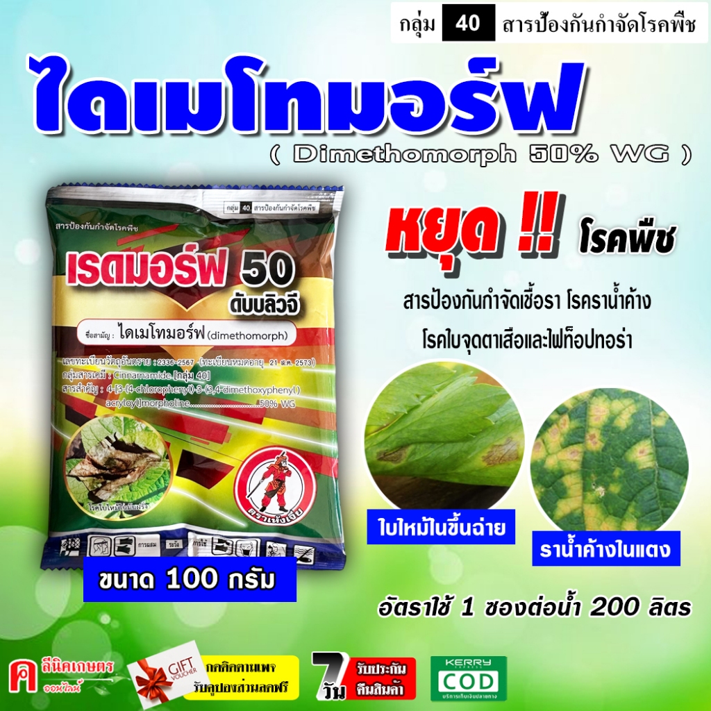 เรดมอร์ฟ ( 100 กรัม ) ไดเมโทมอร์ฟ 50% WG สารเดียวกับ ฟอรัม ใช้ป้องกันกำจัดโรคพืช ชนิดดูดซึม ราน้ำค้าง ใบไหม้