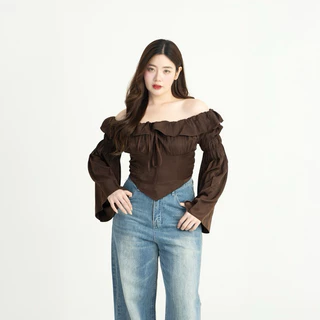 (5สี 3ไซส์) VENUS TOP เสื้อปาดไหล่ผูกอกแขนบาน รุ่นT90 - Mesave