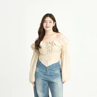 (5สี 3ไซส์) VENUS TOP เสื้อปาดไหล่ผูกอกแขนบาน รุ่นT90 - Mesave