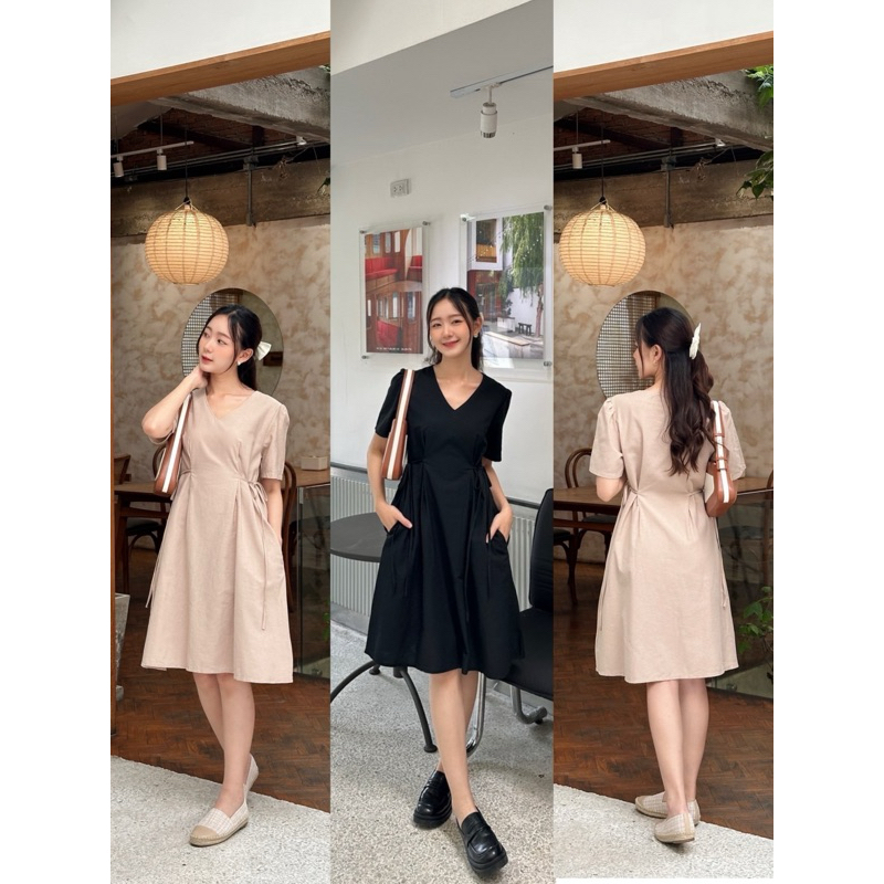 Vanila 🧺เดรสคอวีผ้าลินินผสมฝ้าย ดีเทลผูกข้างน่ารักมากกก🧺