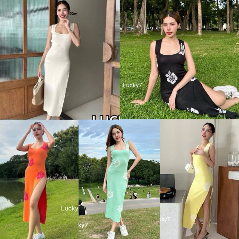 BY IRA(2781) Hawaiian knit dress เดรสไหมพรม ลายดอกชะบา ดีเทลแหวกข้างแบบสับๆ เว้าหลัง สุดเซ็กซี่