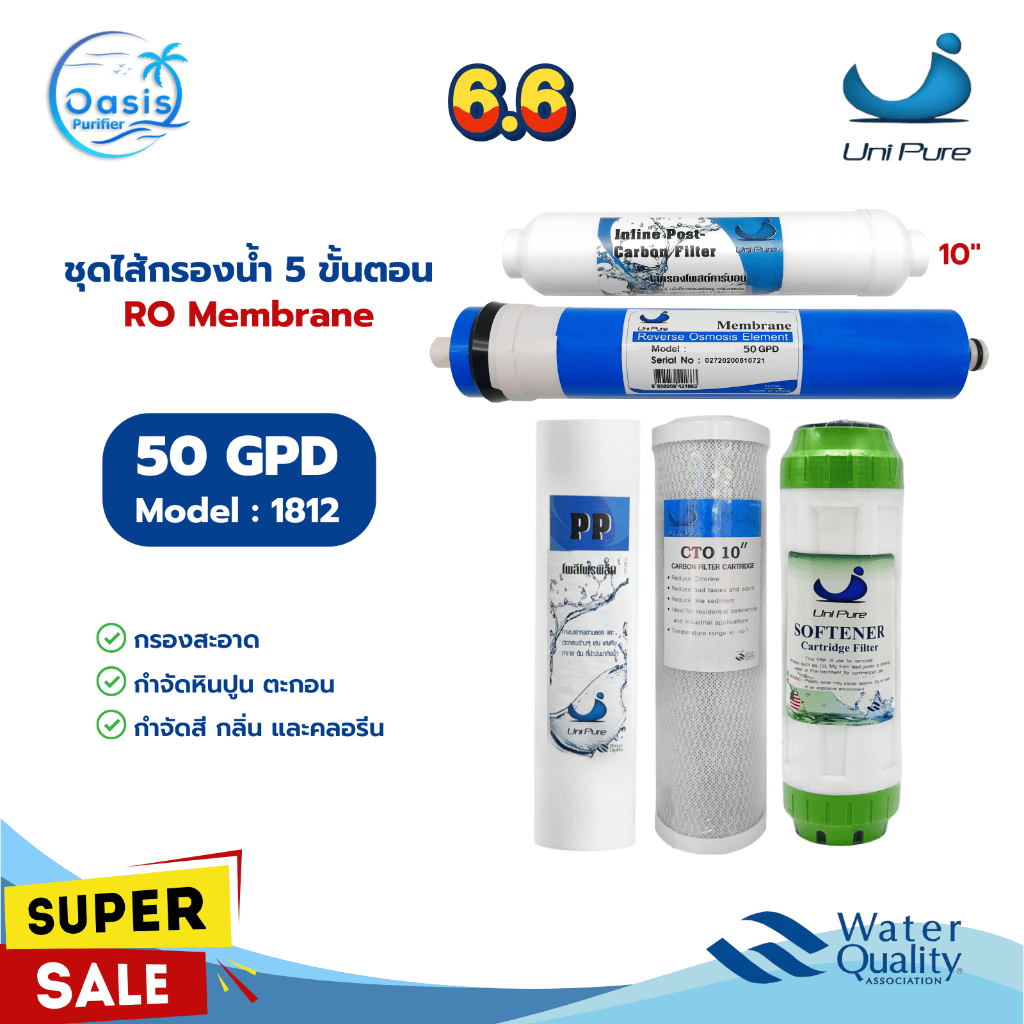 ชุดไส้กรองน้ำ RO 5 ขั้นตอน Unipure 50 75 100 150 GPD ไส้กรองน้ำ ครบชุด กรองสะอาด คุณภาพดี