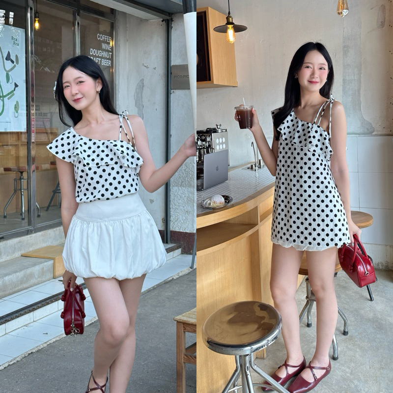 Lille collection : เสื้อปาดไหล่ระบาย ลาย polkadot