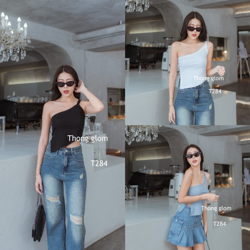 เสื้อสายเดี่ยวเบียงผ้ายูนิโคล่ตัวหนา งานดีเทลตีเกล็ดผ่าข้าง สวยหรูดูแพง