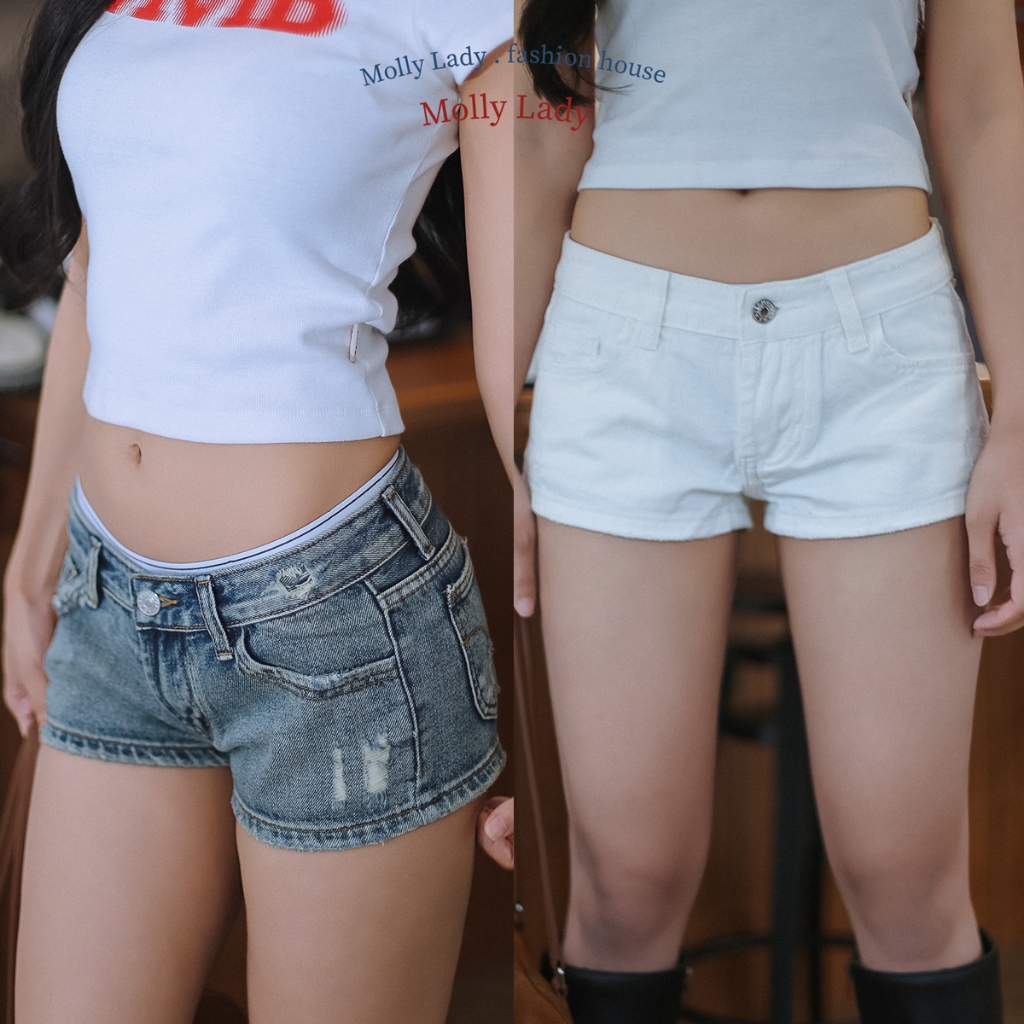 Molly Lady❤️ The Jeans Shorts กางเกงขาสั้นเอวต่ำ ผ้ายีนส์แท้ สีสนิมและสีขาว แต่งขาด Denim shorts