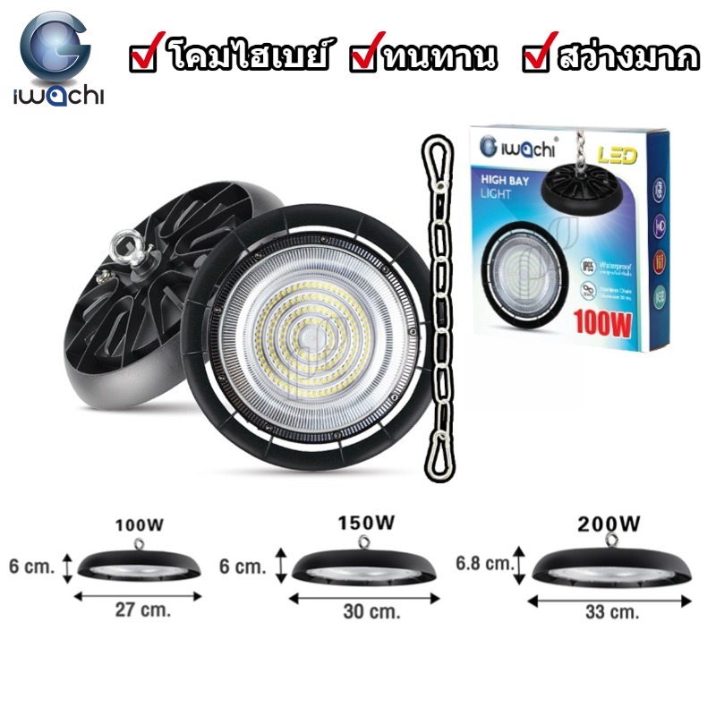 IWACHI โคมไฟไฮเบย์LED UFO ไฟโรงงาน 100W 150W 200W แสงขาว อลูมิเนียม โซ่ยาว30cm กันน้ำIP65 สว่างมาก