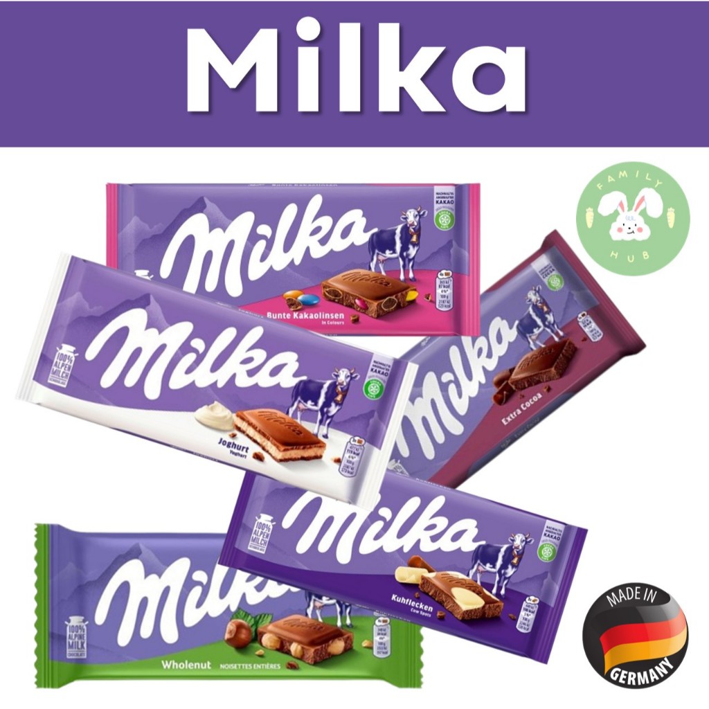 Milka Chocolate with Hazelnut, Milka colors, Milka White Chocolate, Milka Extra Cocoa ช็อคโกแลตนมสอด