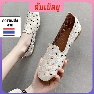 ผู้หญิงแฟชั่นรองเท้าแบนที่มีนิ้วเท้าสี่เหลี่ยมกลวงเลื่อนบนรองเท้าสตรีมัลติฟังก์ชั่นนุ่ม