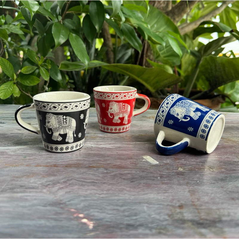 แก้วกาแฟเซรามิค แก้วลายช้าง shot espresso 85 ml. แก้วเป็ก แก้วช็อต shot glass.Souvenir Thailand.elephant shaped glass.