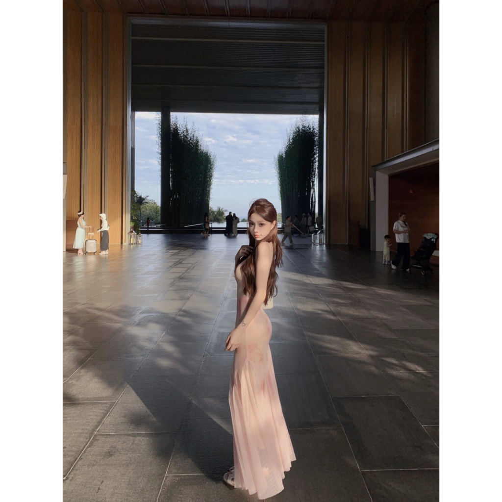 ชุดเดรสยาว เปิดไหล่ สีชมพู สายเดี่ยว อกแต่งลูกไม้ มีซับในเต็มตัว กระโปรงหางปลา ผ้าตาข่าย ซีทรู #8121 - รูปที่ 4