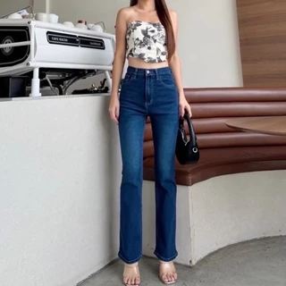 BabarryJeans กระบอกขาม้าเล็ก (S-5XL) เอวสูง วินเทจ ผ้ายืด ยาว 39 นิ้ว สีสนิมเข้ม