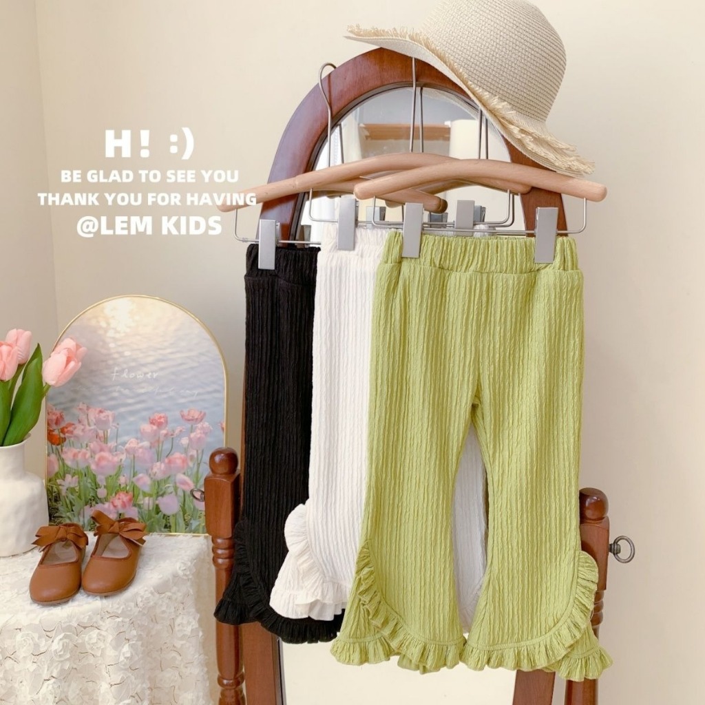 เสื้อผ้าเด็ก 2025 ฤดูร้อนใหม่เด็กผู้หญิงเวอร์ชั่นเกาหลีลูกไม้หวานลายทางสามมิติกางเกงขาบานยางยืดกางเกงเทรนด์ TS16