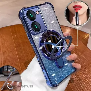 เคสขอบสี กากเพชร สำหรับ Vivo Y03 Y03T Y28S Y18 Y28 4Gกระจก แต่งหน้า ตั้งได้ กันกระแทก