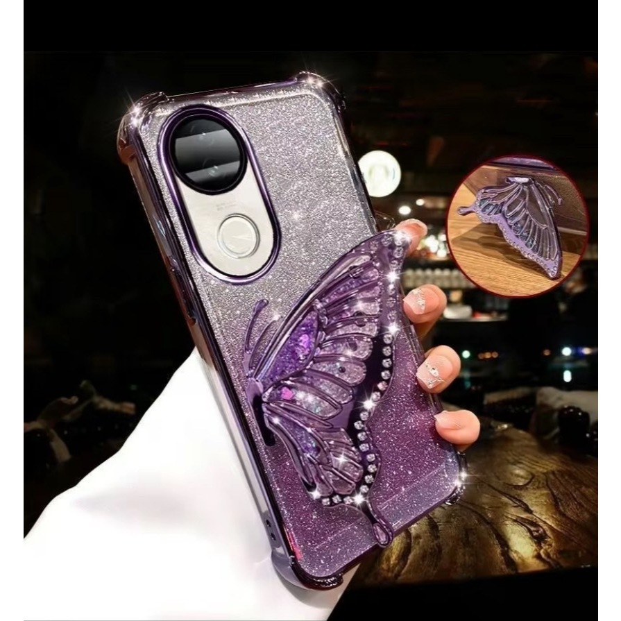 เคสโทรศัพท์ กริตเตอร์ หรูหรา  สำหรับรุ่น Vivo v60 V50 (5G) เคส กันกระแทกมุม ป้องกันกล้อง ผีเสื้อ น่ารัก ตั้งได้