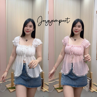 เสื้อแขนตุ๊กตาผ่าหน้าชายลูกไม้ สาวอวบใส่ได้(อก30-44) no.1034