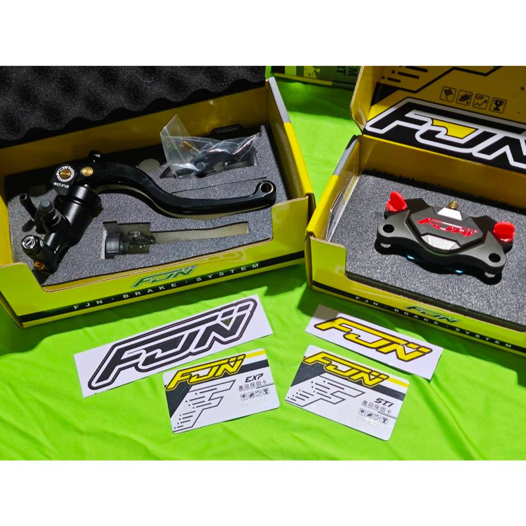 ปั้มเบรคบน FJN หมุดทอง น็อตทอง 17.5 mm + ล่างด้วง FJN โลโกขาว+ ด้วง FJN โลโกแดง  หมุดทอง