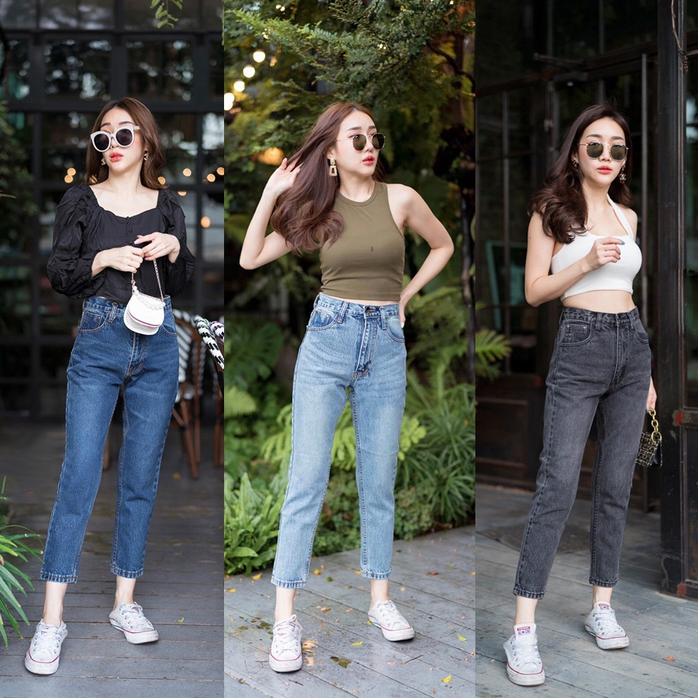 กางเกงยีนส์ผู้หญิงทรงบอยสลิมเก็บทรงเก็บสะโพก ผ้าไม่ยืด