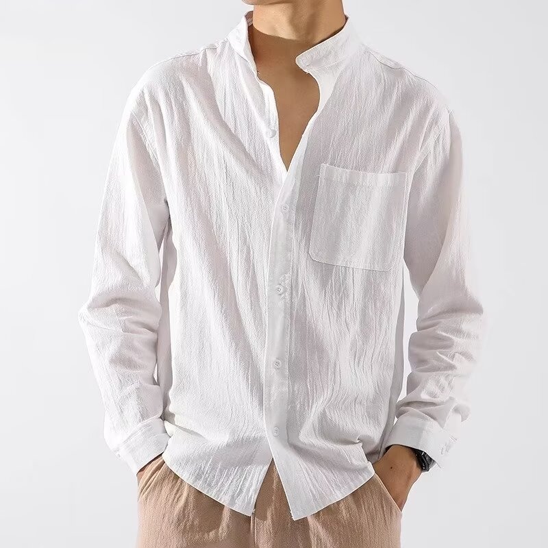 เสื้อเชิ้ตผ้าฝ้าย คอจีนแขนยาวผู้ชาย สีทึบ เนื้อผ้าสวมใส่สบาย รูปทรงทันสมัยสไตล์หมุ่นจีนสุดคูล เหมาะกับเอฟเวรี่เดย์ลุค