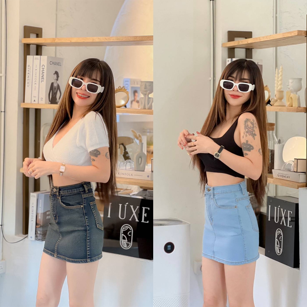 กระโปรงยีนส์ผ้ายืดเอวสูงทรงสอบเข้ารูปเก็บทรงสวยเรียบๆ 6 สีให้เลือก