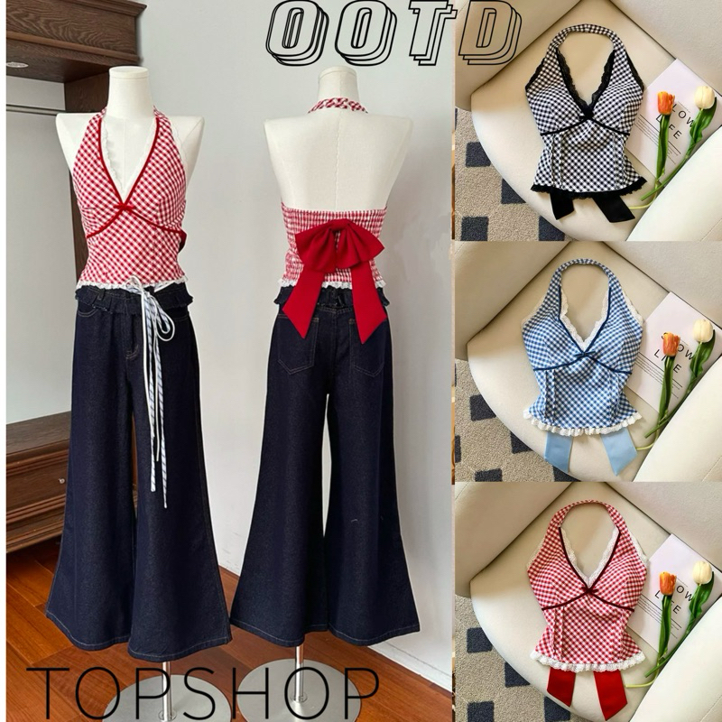STR พร้อมส่ง🎀เสื้อครอป เสื้อกล้ามหน้าวีลึก ลายสก๊อต หลังสม็อคยืดตามตัว ติดโบว์ใหญ่ถอดได้  สไตล์เกาหลีY2K ชุดไปทะเล