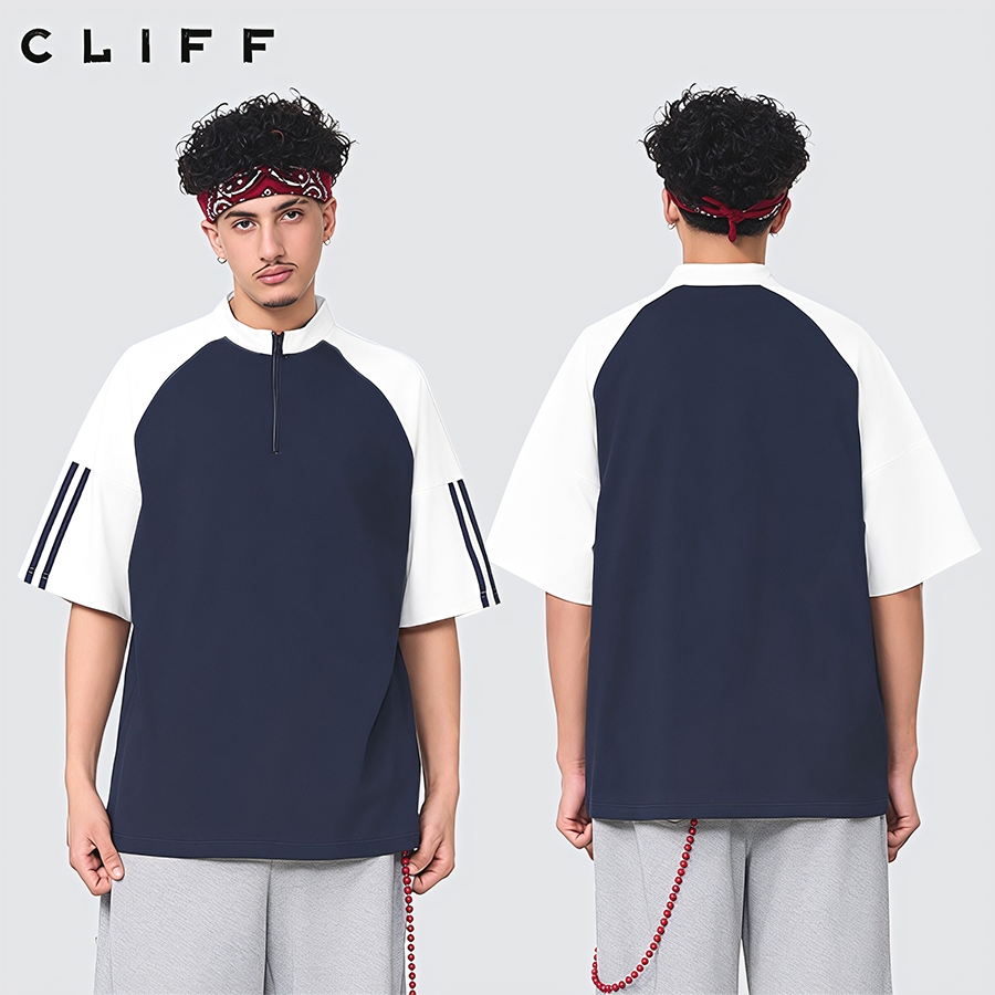 CLIFF แขนสั้นผู้ชาย ซิปครึ่ง สีล้วน ฤดูร้อนสไตล์อเมริกัน เสื้อกีฬา ชุดคู่รัก