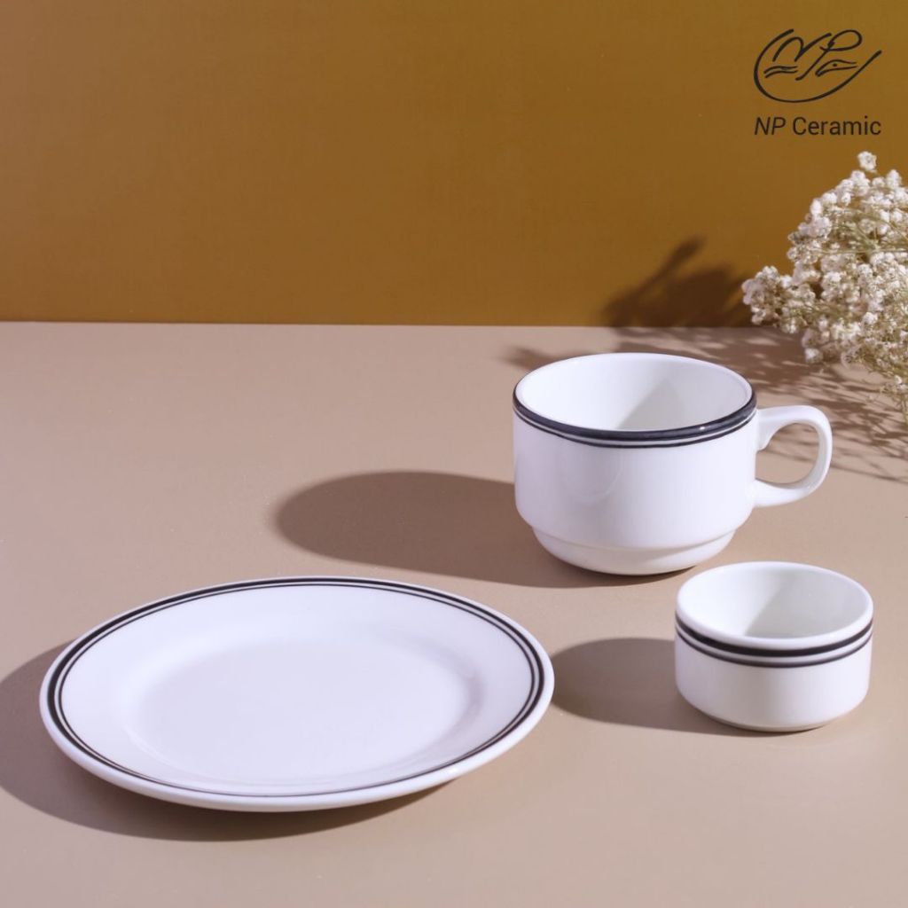 [ลดสูงสุด 80%] NP Ceramic จานเซรามิค สีขาววนขอบดำ สวยมีสไตล์ - รูปที่ 3