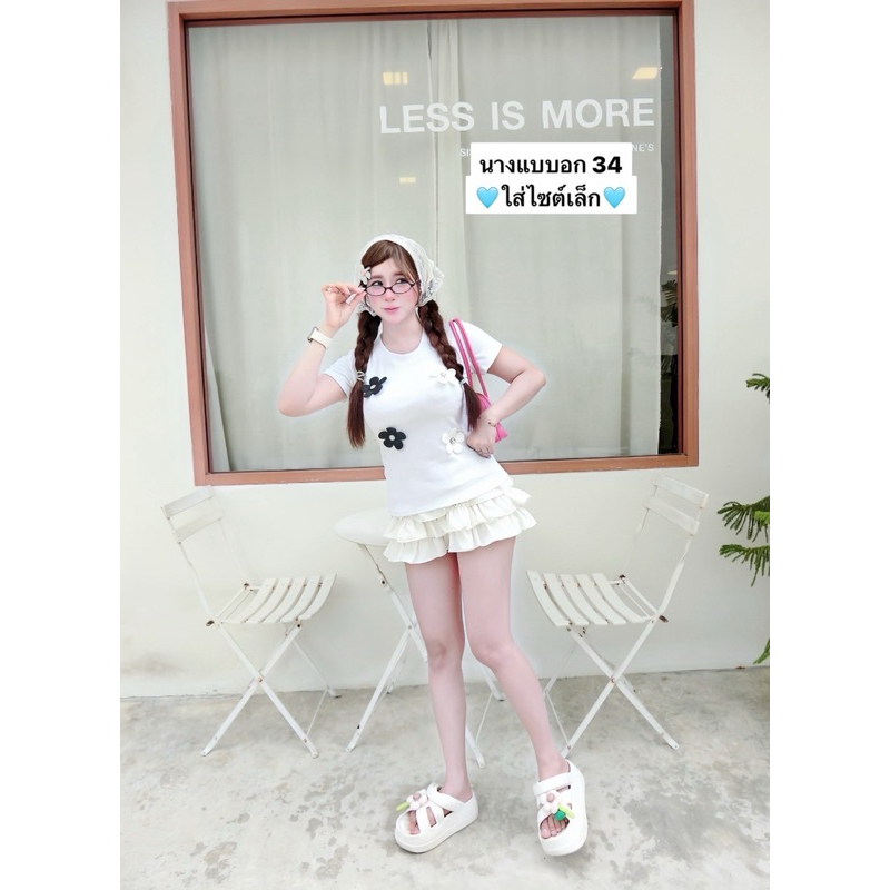 ย 206 เสื้อยืดคอกลมสาวอวบทรงสวย เย็บแต่งอะไหล่ดอกไม้ ผ้ายูนิโคล่ยืดเยอะ XXL - รูปที่ 4