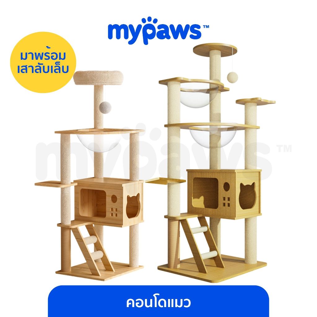 My Paws คอนโดแมว 1-2 หลุม แบบไม้ พร้อมโดมนอนแบบใส บันไดและกล่องนอน เสาลับเล็บทั้งต้น แข็งแรง