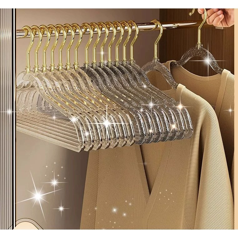 30ชิ้น ไม้แขวนเสื้อ ไม้แขวนผู้ใหญ่ ไม้แขวนเสื้อกันลื่น ขนาด 40*22 cm มีกลิตเตอร์ โปร่งใส ตะขอแสตนเลส