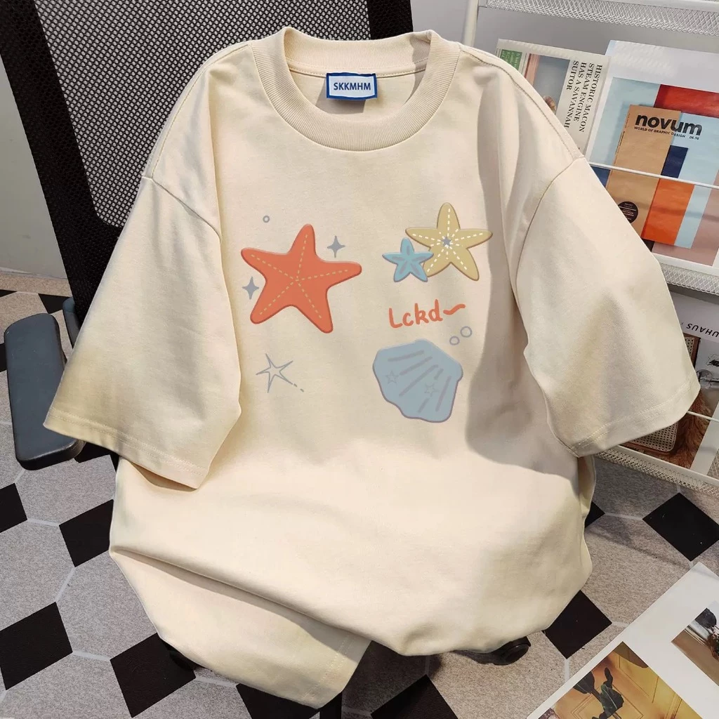 Basi💥 ผู้หญิง เสื้อยืด oversize เกรดพรีเมียม เสื้อคอตตอน100% ไม่หดตัว ใส่สบาย การ์ตูนน่ารัก ลาย "Starfish shell"